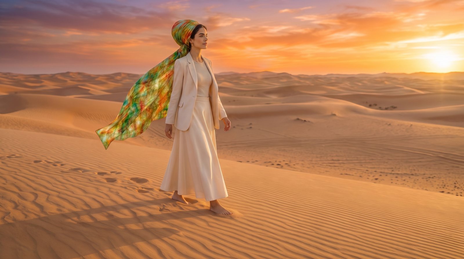 Model walking across sunlit dunes, a City of Light art headscarf trailing in the wind