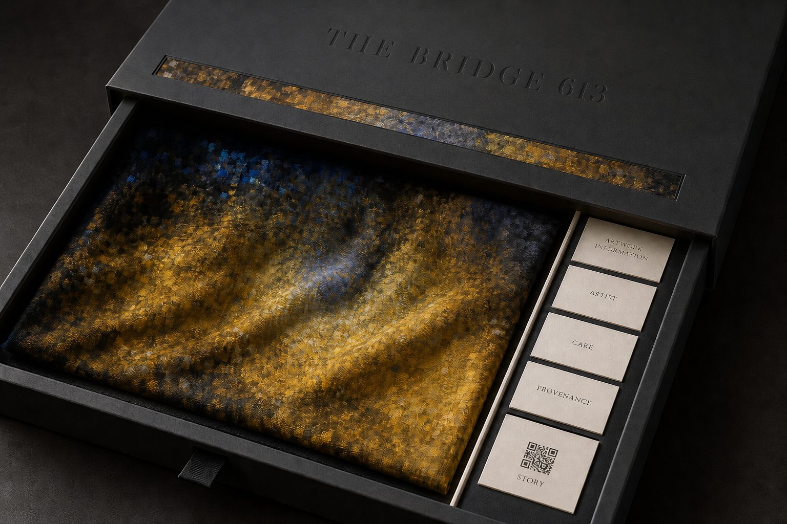 Collector box holding the folded scarf, artwork visible in the silk