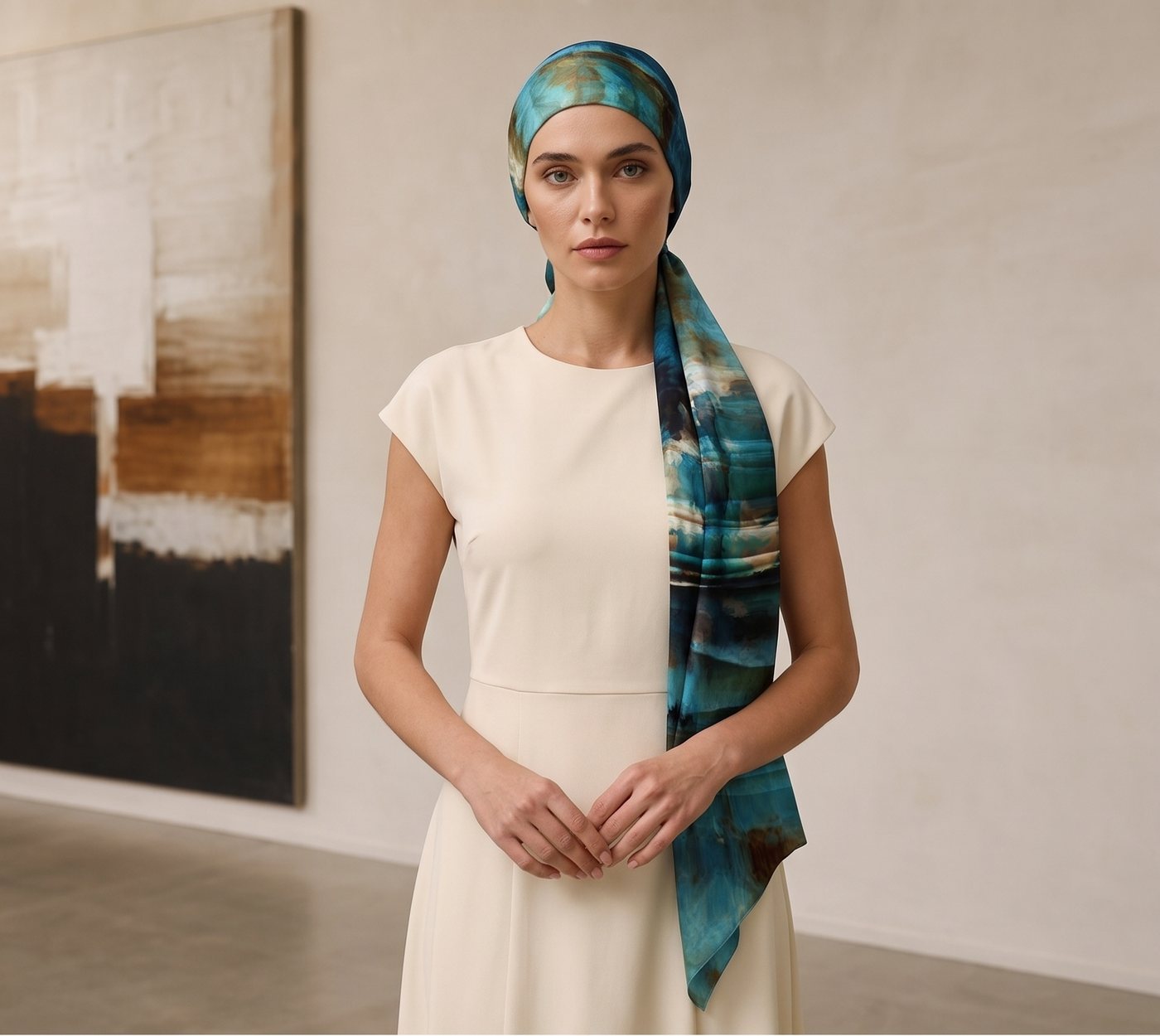 Model wearing the Drift art headscarf in teal and slate silk, tails falling to the front