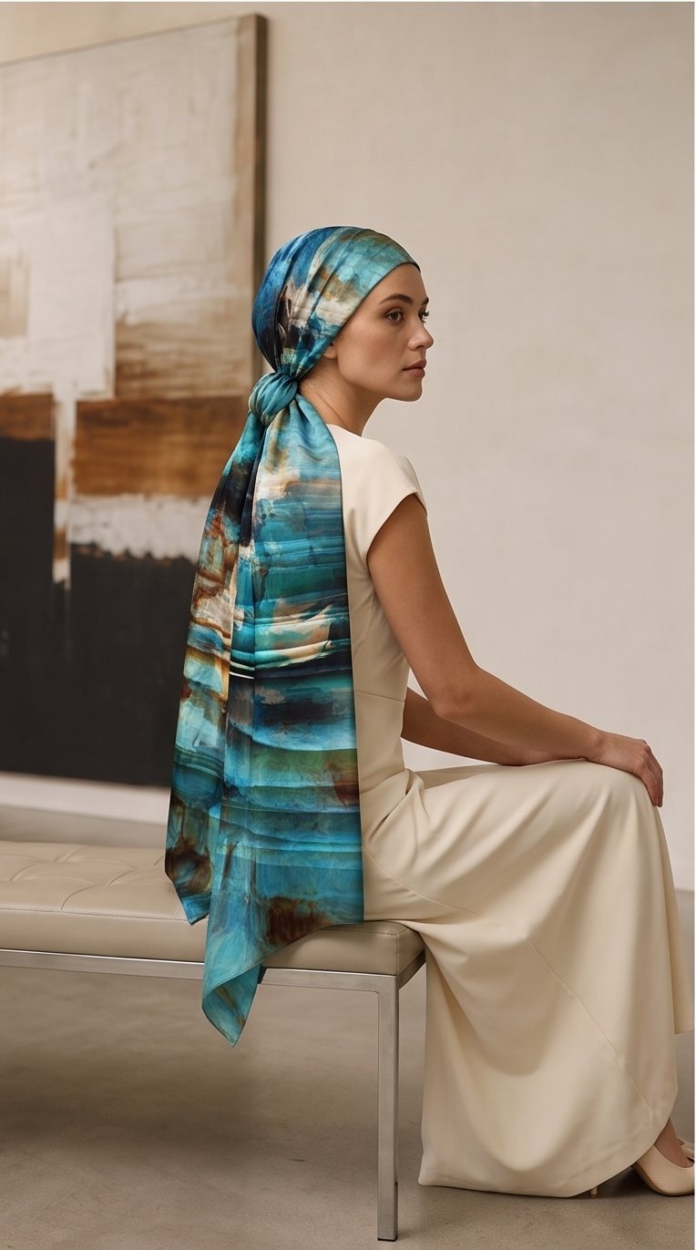 Seated in profile, the Drift scarf falling the full length of the back