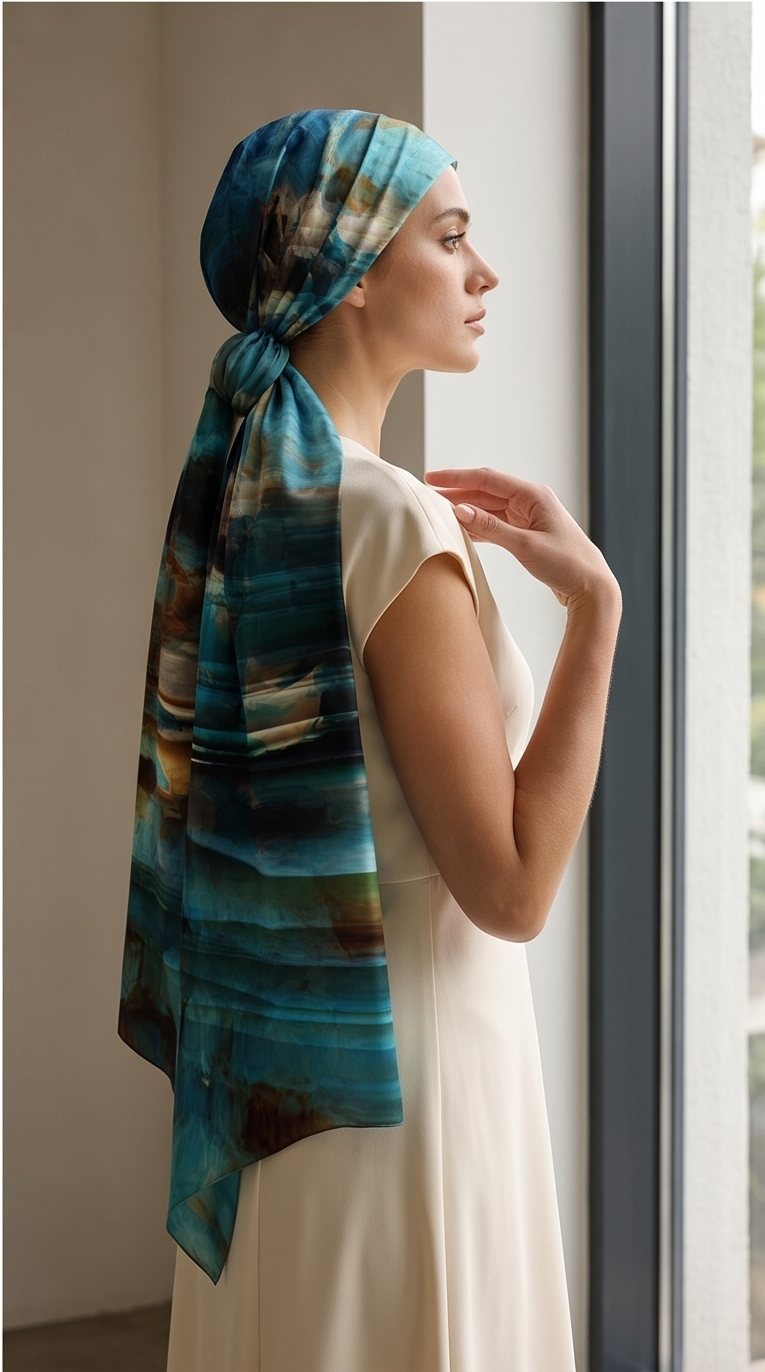 At a window in daylight, the Drift scarf falling in teal and slate