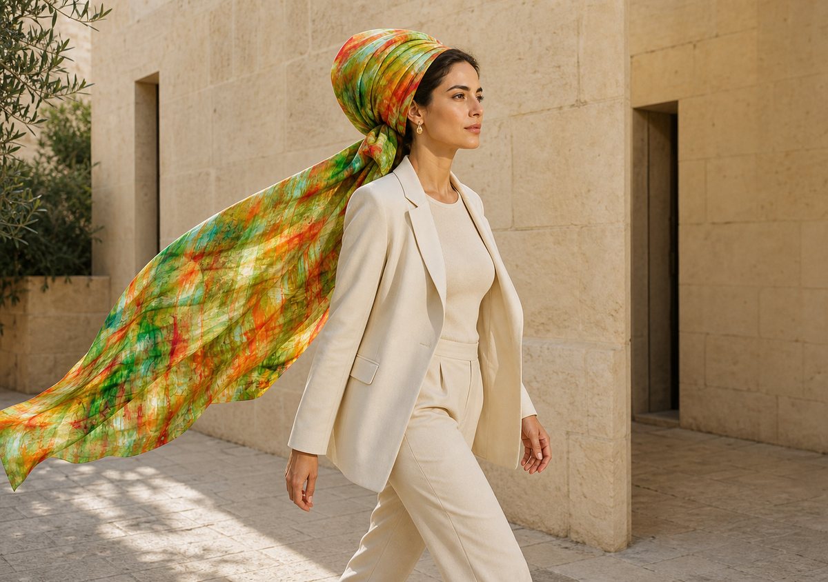 Model walking with a City of Light art headscarf trailing in the light
