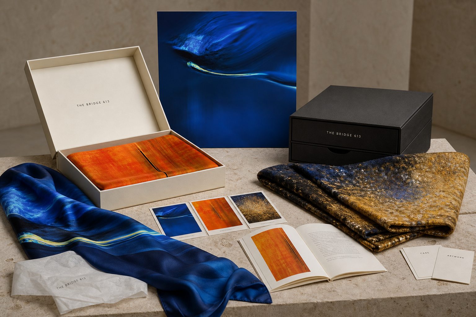 One work presented across scarf, tie, printed cards and a collector box