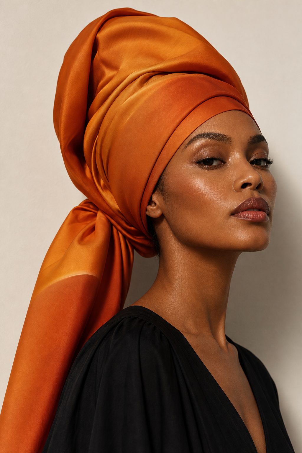 Model wearing the Golden Presence art headscarf in warm amber silk