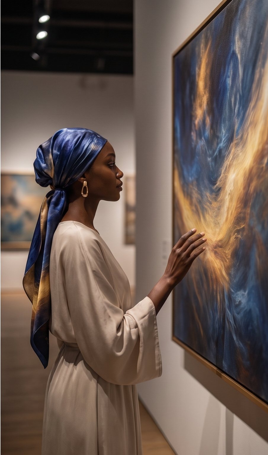 Wearing the Night Crossing scarf, a hand reaching toward the original painting it came from