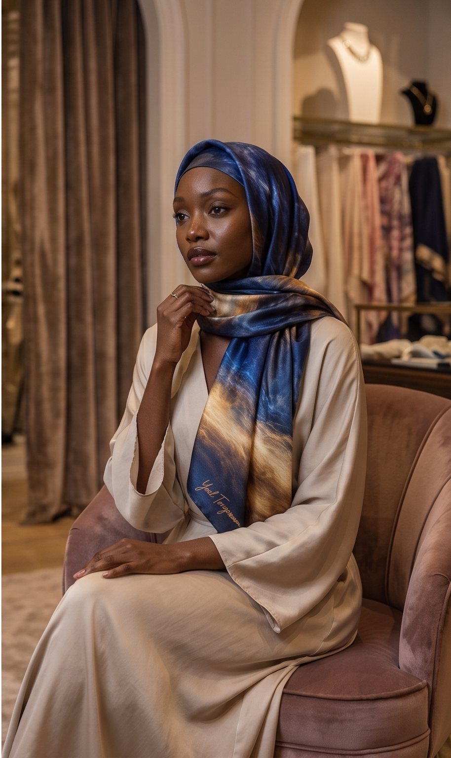 Seated indoors in warm light, the Night Crossing scarf worn loose at the shoulders