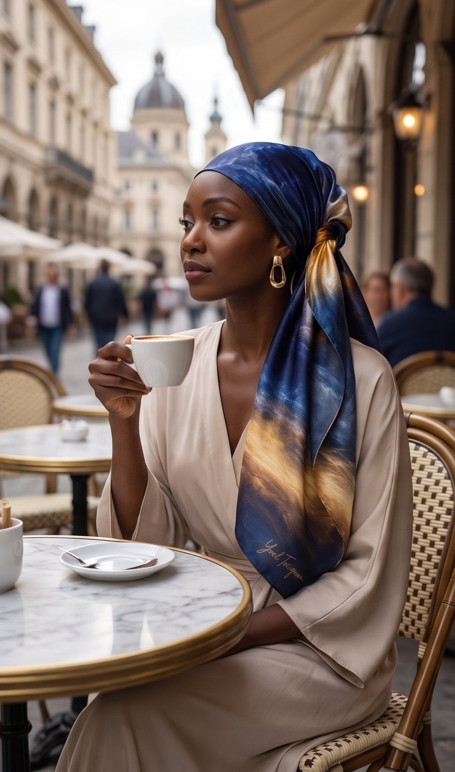 A quiet morning at a city café, wearing the Night Crossing scarf