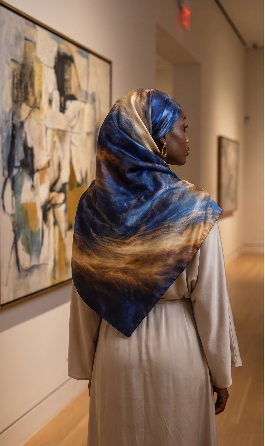 Seen from behind in a gallery, the full drape of the Night Crossing scarf across the shoulders