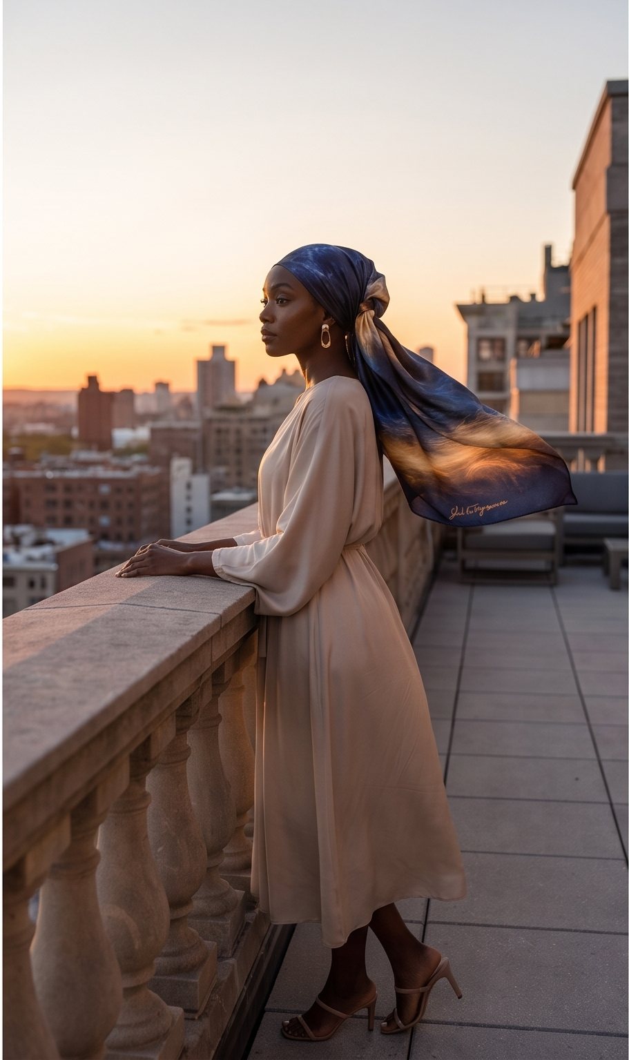 On a rooftop at dusk, the Night Crossing scarf catching the last light over the city
