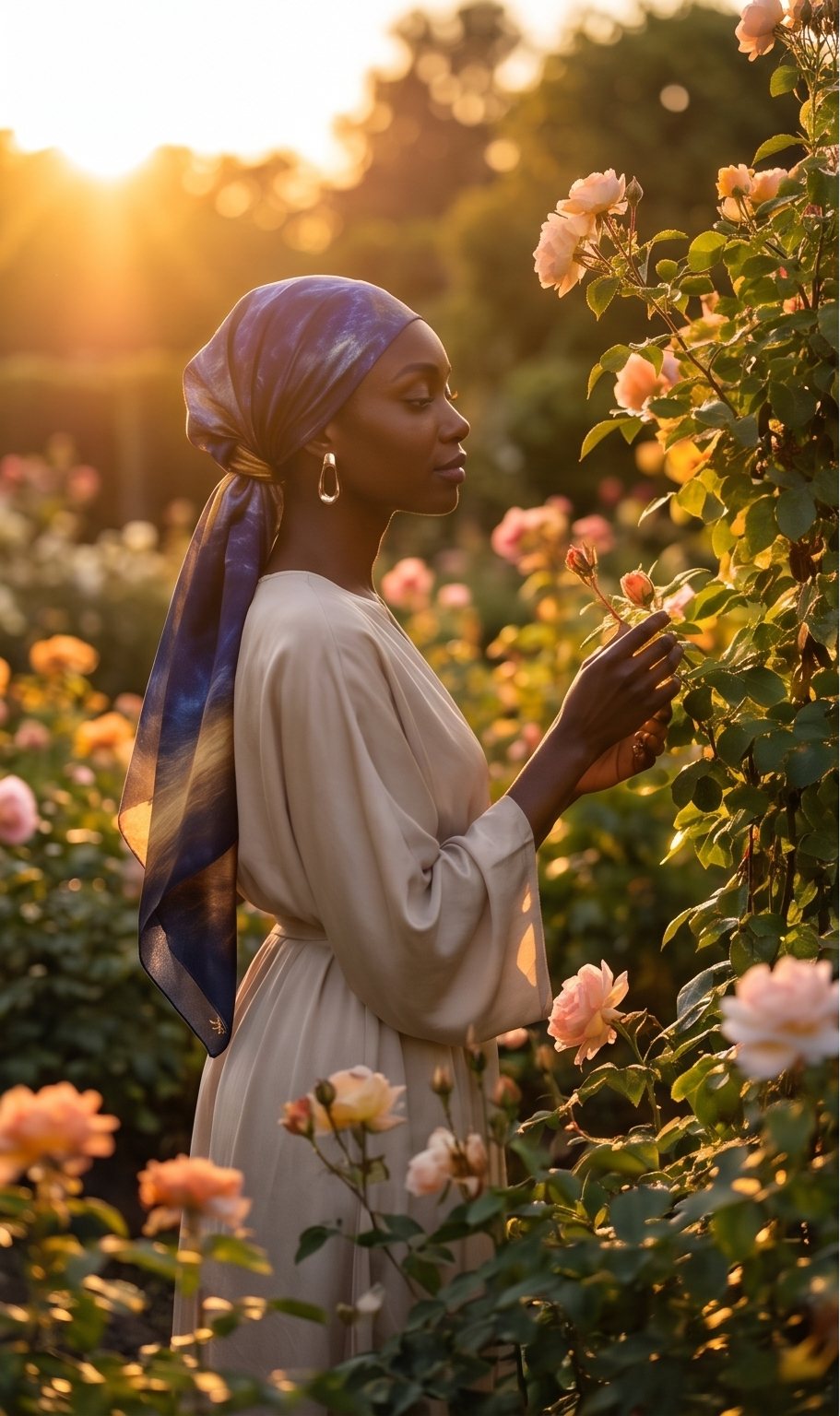 In a garden at golden hour, the Night Crossing scarf lit from behind