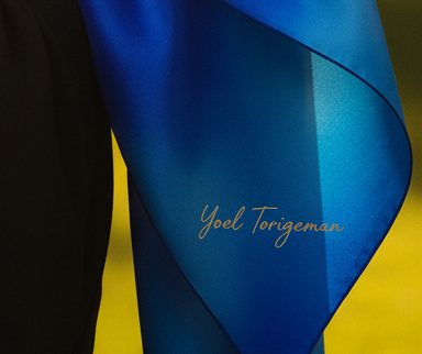 Macro of the artist's signature printed in gold on cobalt silk