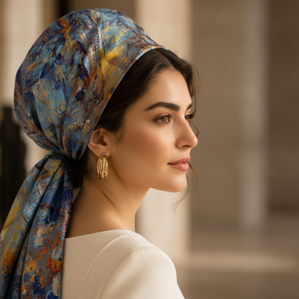 Close profile portrait in a blue and gold art headscarf