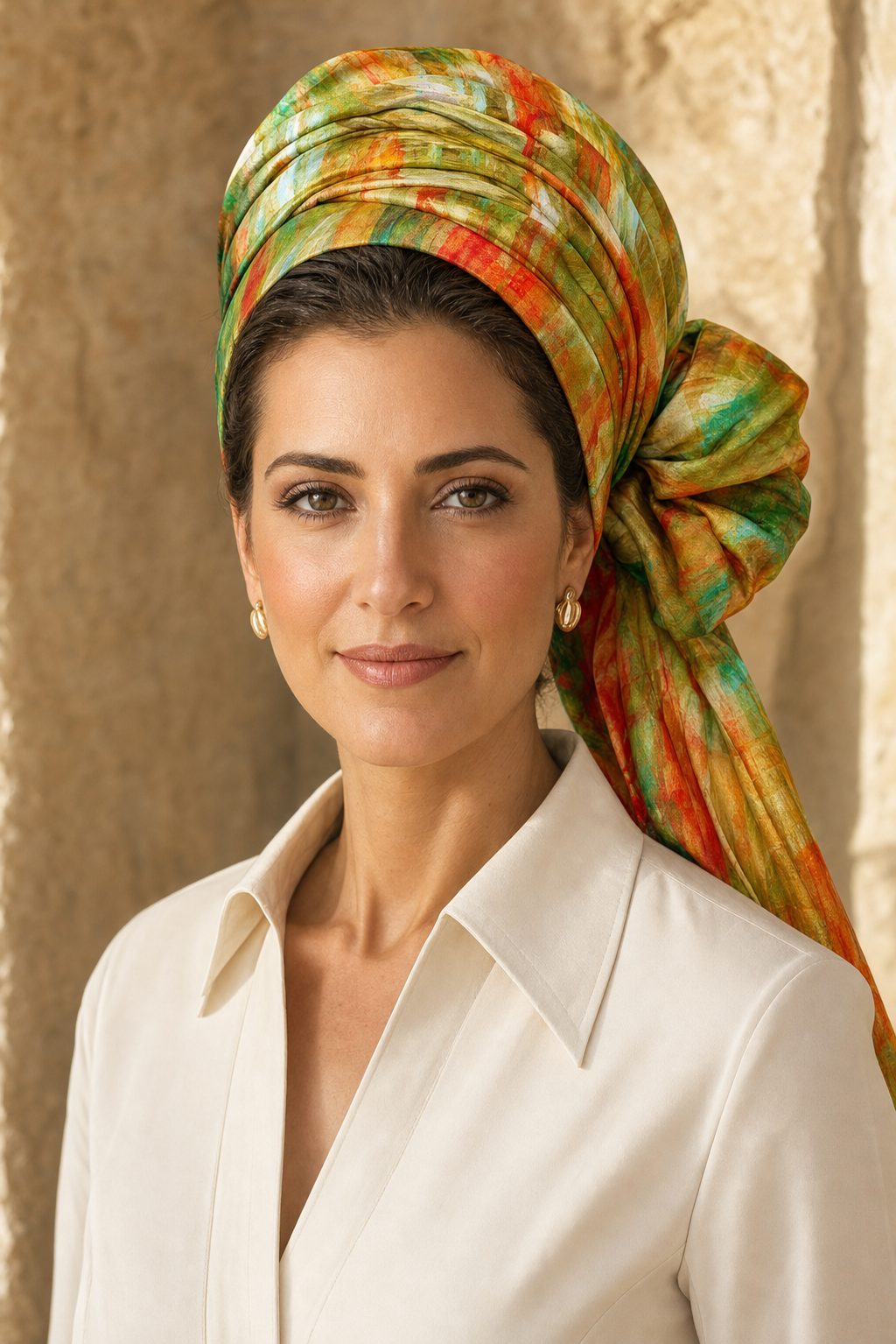 Model wearing the City of Light art headscarf in polychrome silk