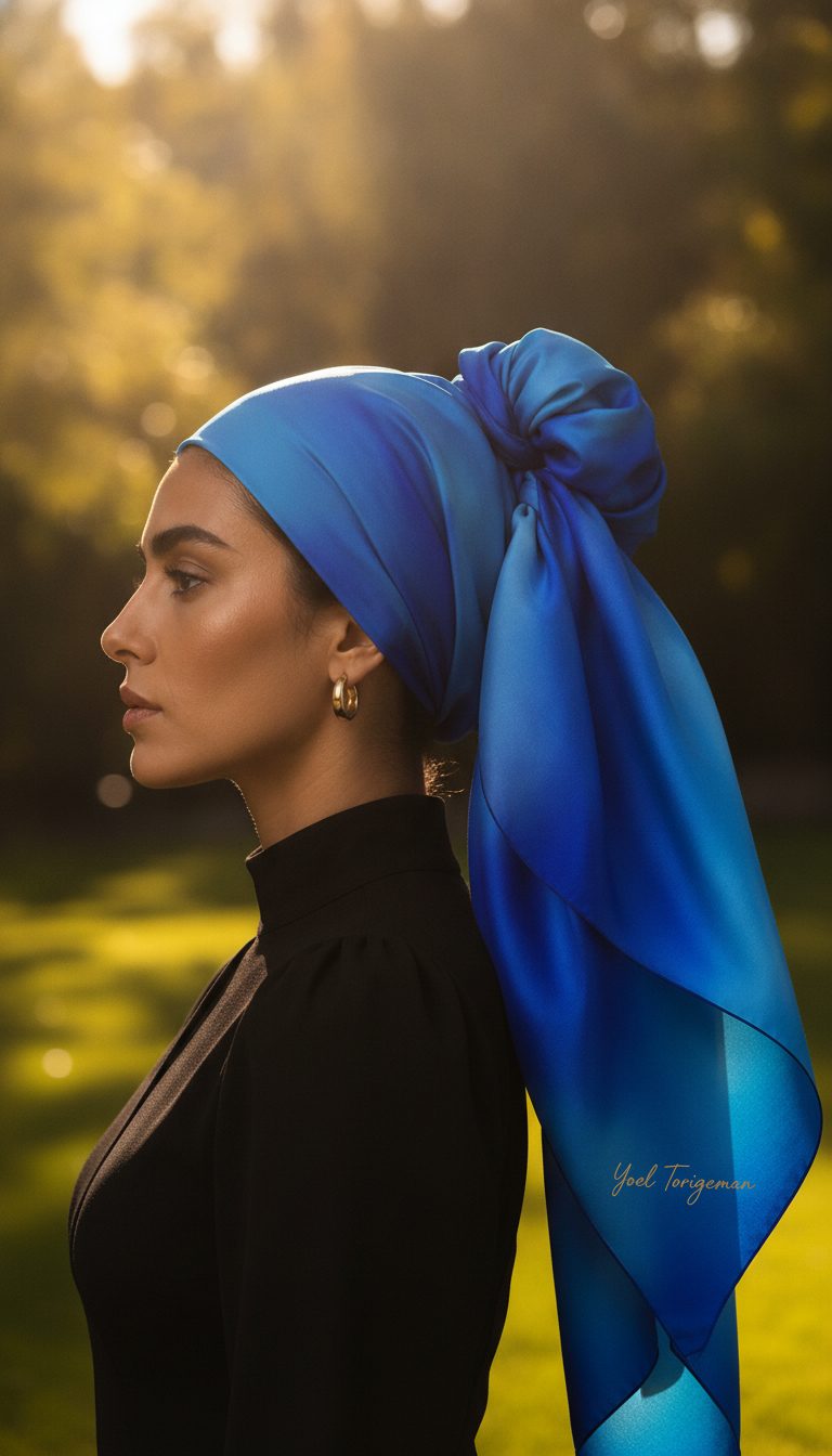 Model wearing the Cobalt Gate art headscarf, gold signature visible on cobalt silk