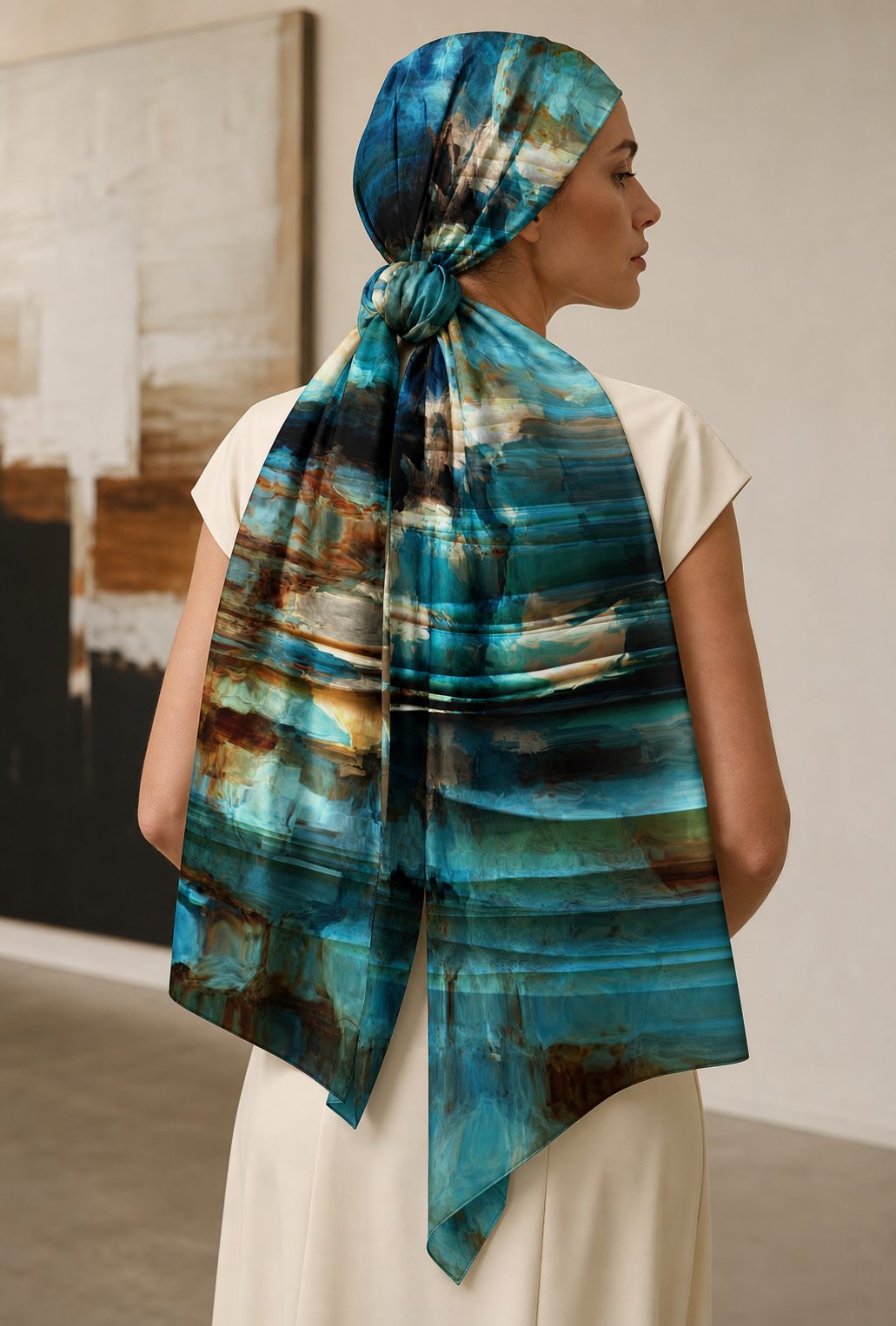 Rear view of the Drift art headscarf knotted in teal and slate silk
