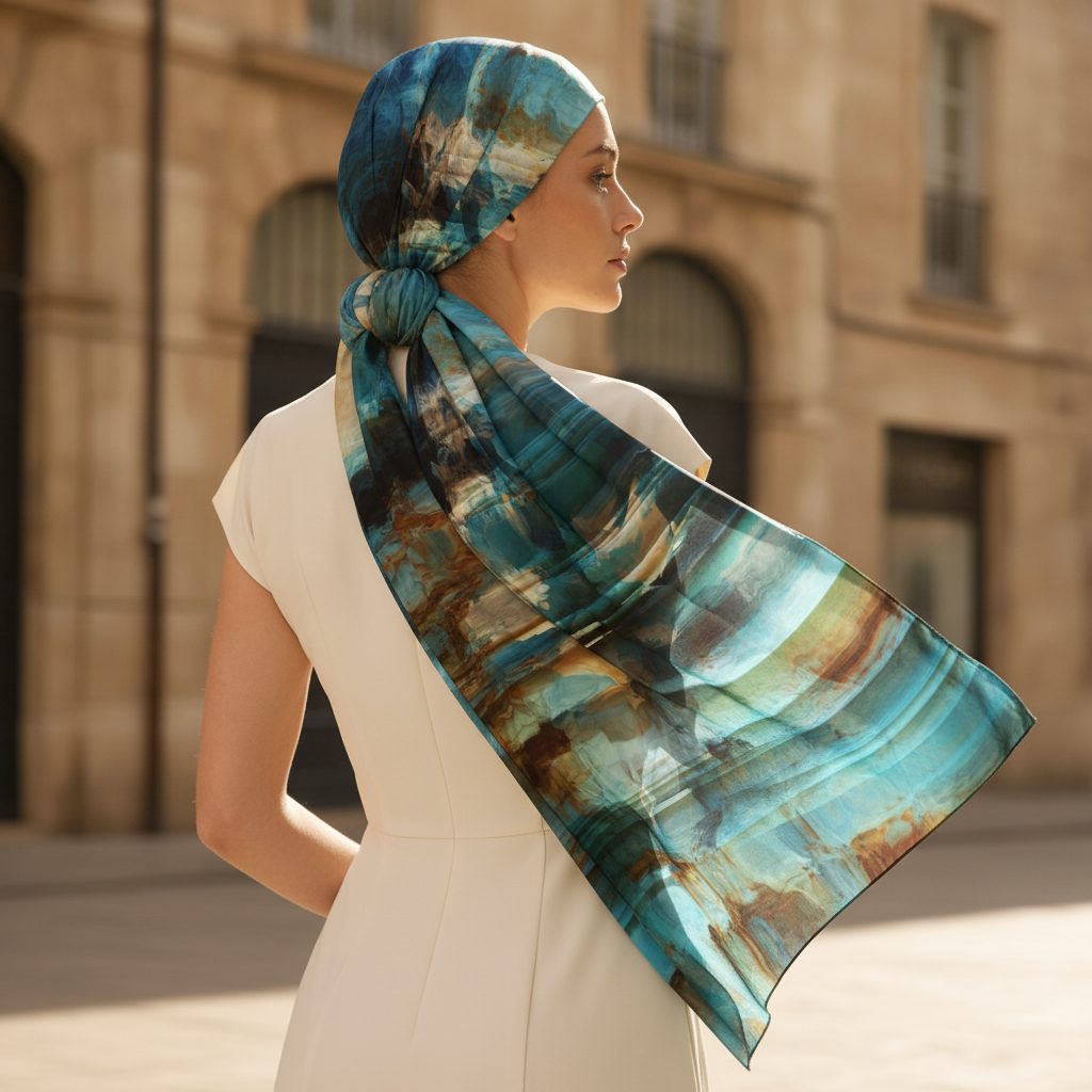Scarf in movement, walking through an urban colonnade
