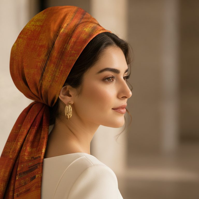 Profile in a warm rust and amber headscarf